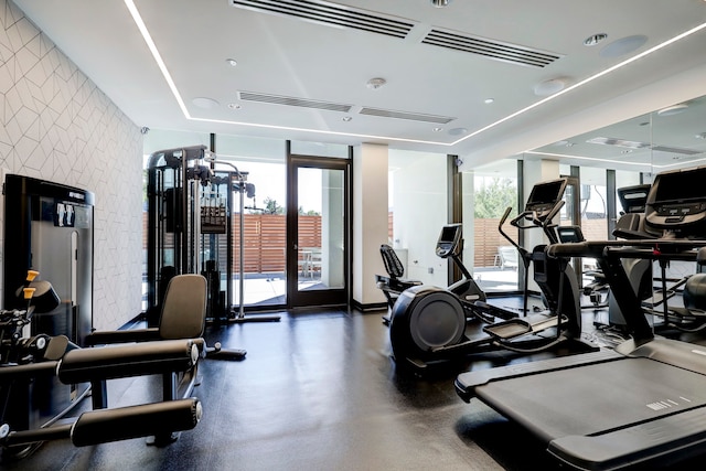 workout area featuring plenty of natural light and expansive windows