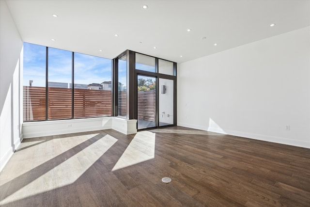 spare room featuring expansive windows and dark wood-type flooring