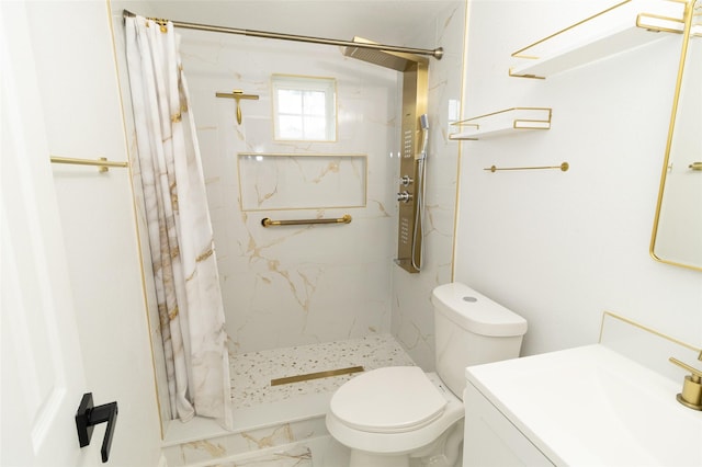 bathroom with a shower with curtain, toilet, and vanity