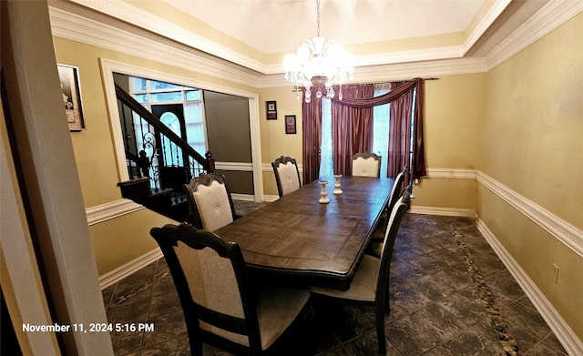6906 Apple Valley Ln, Houston, TX 77069 - dining area with a chandelier, a raised ceiling, baseboards, stairway, and crown molding
