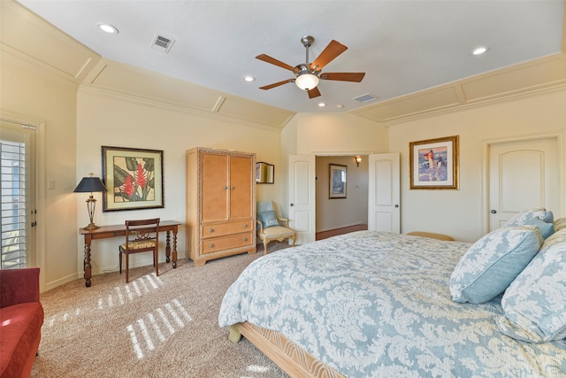 carpeted bedroom featuring ceiling fan, crown molding, and vaulted ceiling