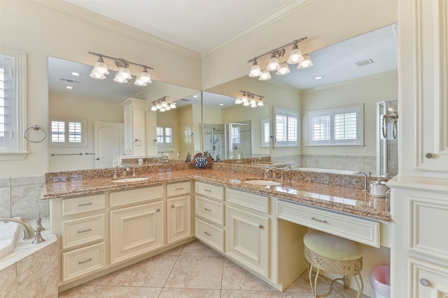 bathroom with crown molding, shower with separate bathtub, a healthy amount of sunlight, and tile patterned floors