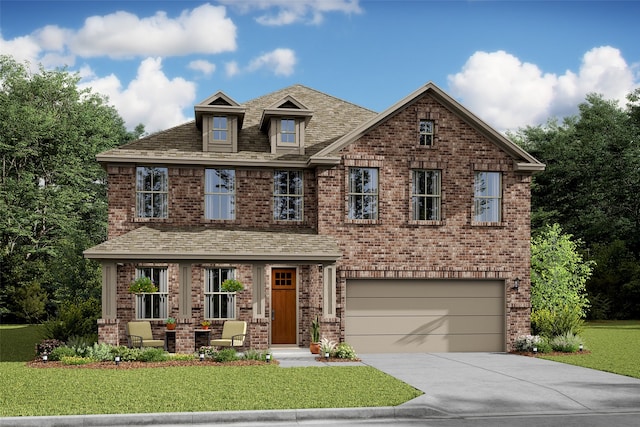 view of front of home featuring a front yard and a garage