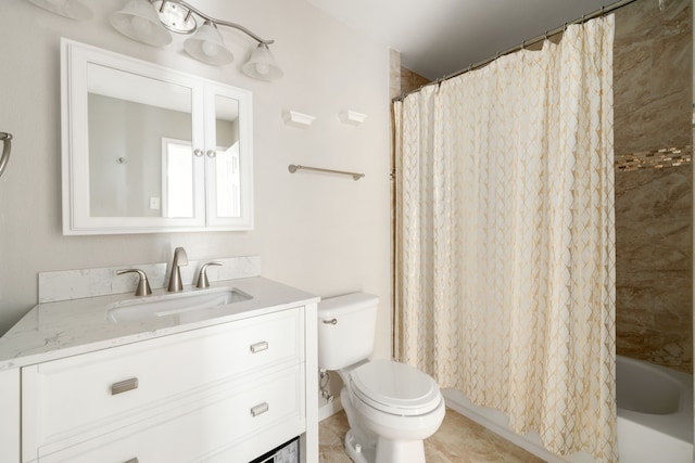 full bathroom featuring tile patterned floors, vanity, shower / bath combination with curtain, and toilet