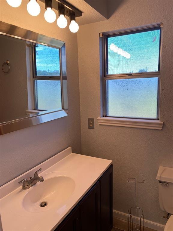 bathroom featuring toilet, a wealth of natural light, and vanity