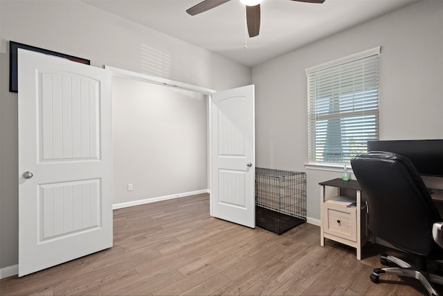 office area with light hardwood / wood-style flooring and ceiling fan