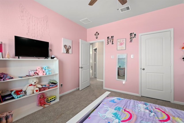 bedroom featuring carpet flooring and ceiling fan