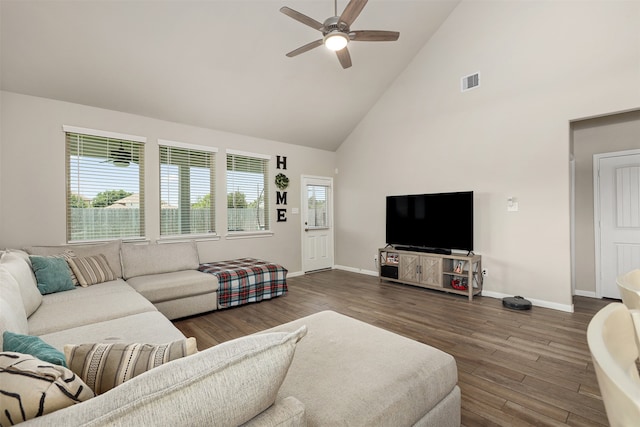 living room featuring dark wood-type flooring, high vaulted ceiling, and ceiling fan