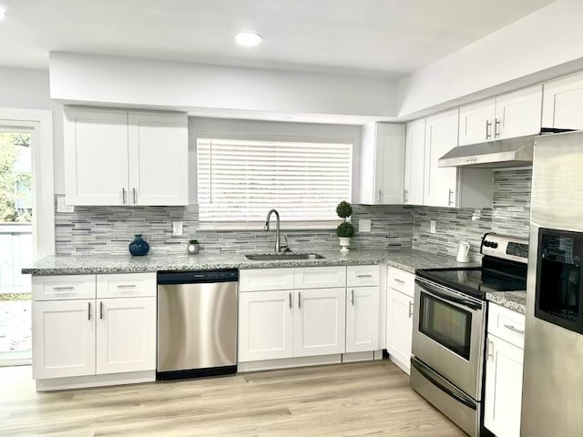 kitchen featuring white cabinetry, sink, light hardwood / wood-style floors, and stainless steel appliances