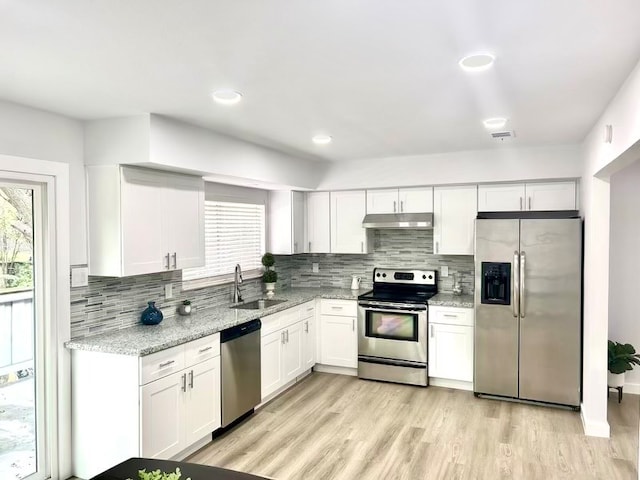 kitchen with light hardwood / wood-style floors, decorative backsplash, sink, white cabinetry, and appliances with stainless steel finishes