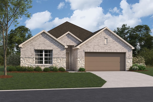 view of front of home featuring brick siding, an attached garage, stone siding, driveway, and a front lawn