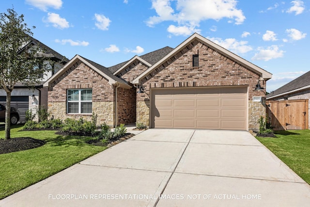 view of front of house featuring driveway, brick siding, and a front lawn