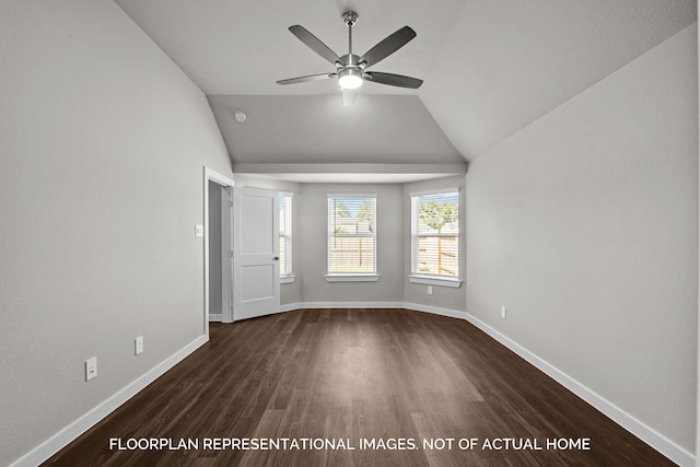 unfurnished room featuring lofted ceiling, dark hardwood / wood-style floors, and ceiling fan