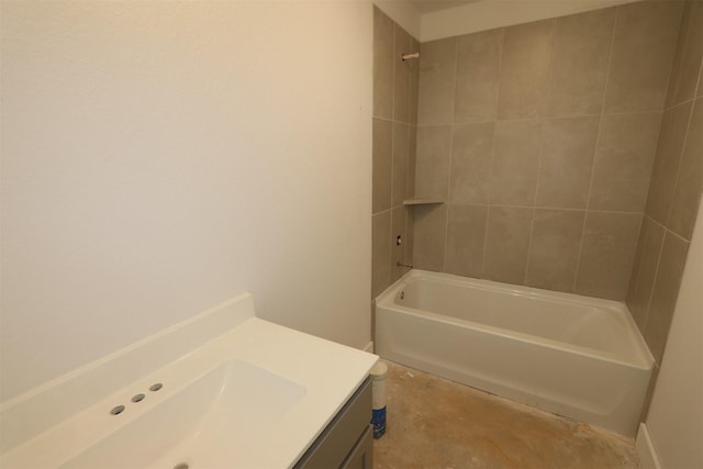 full bathroom with vanity, unfinished concrete floors, and tub / shower combination