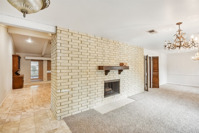 unfurnished living room with lofted ceiling with beams, a chandelier, light carpet, and a brick fireplace