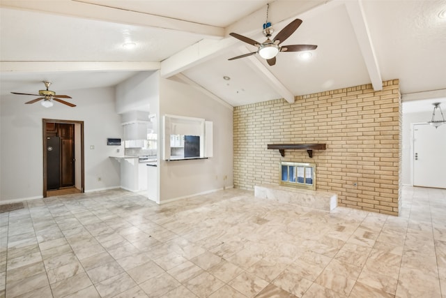 unfurnished living room featuring ceiling fan, vaulted ceiling with beams, and a brick fireplace