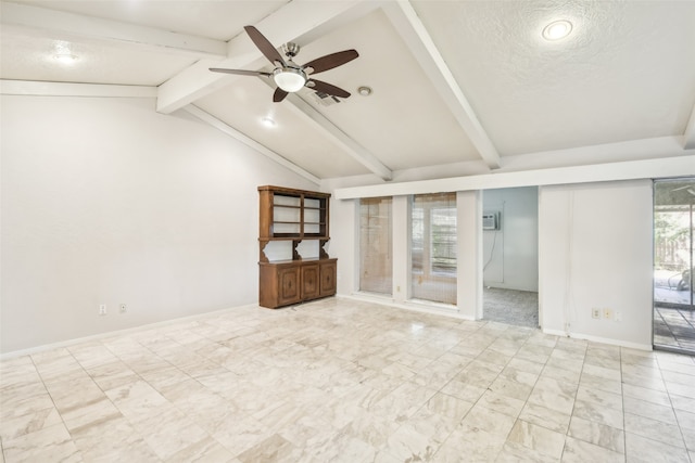 spare room featuring a textured ceiling, an AC wall unit, vaulted ceiling with beams, and ceiling fan