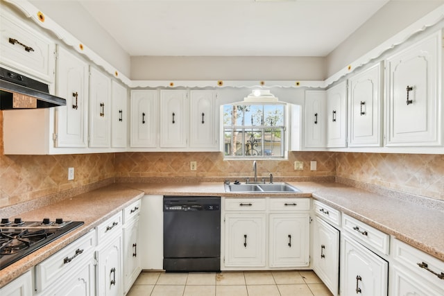 kitchen featuring white cabinetry, black appliances, sink, and backsplash