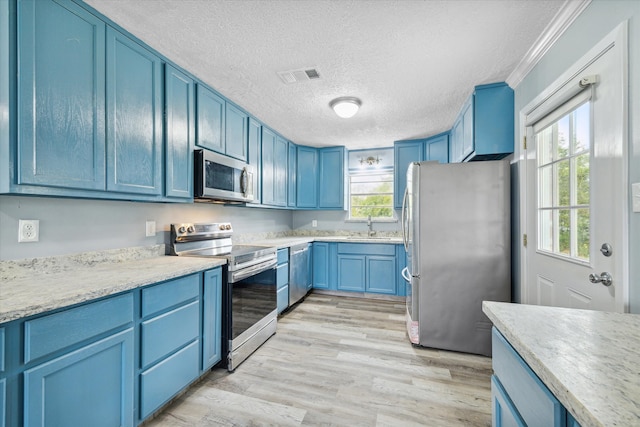 kitchen with a wealth of natural light, stainless steel appliances, and blue cabinets