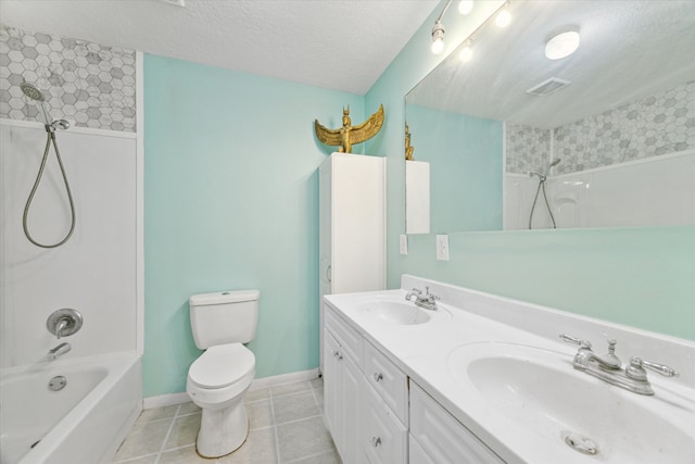 full bathroom featuring tile patterned floors, bathing tub / shower combination, a textured ceiling, toilet, and vanity