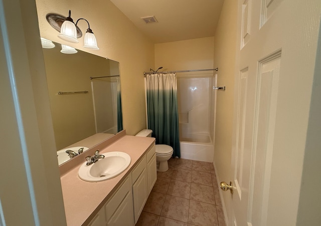 full bathroom with toilet, vanity, shower / bath combination with curtain, and tile patterned flooring