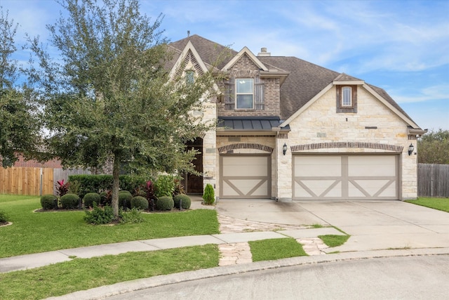 view of front of home featuring a front lawn and a garage