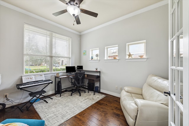 office with ceiling fan, french doors, dark hardwood / wood-style floors, and ornamental molding