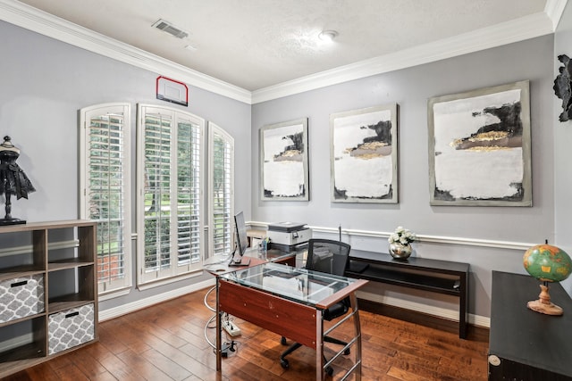 office featuring a textured ceiling, crown molding, and dark wood-type flooring