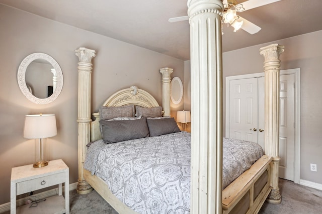 bedroom featuring ceiling fan and carpet