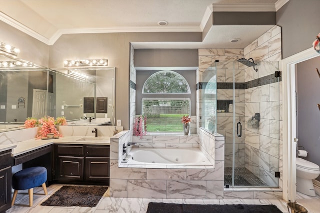 full bathroom featuring plus walk in shower, toilet, vanity, and ornamental molding