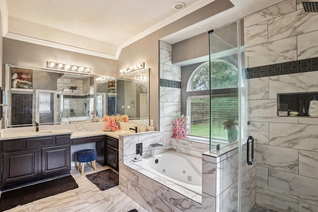 bathroom with vanity, crown molding, and plus walk in shower