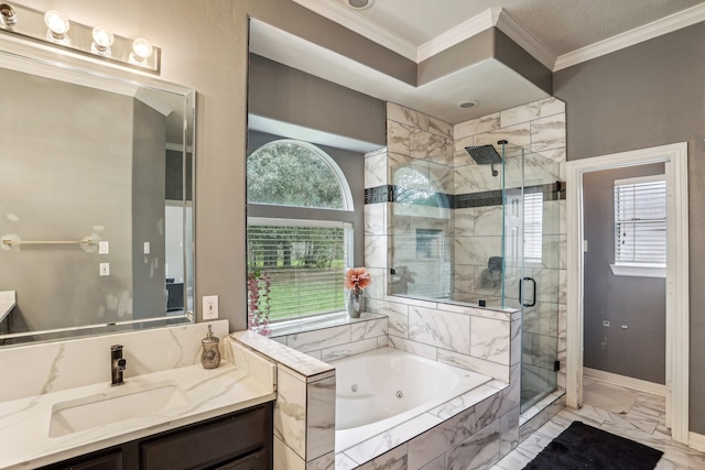 bathroom with separate shower and tub, crown molding, and vanity