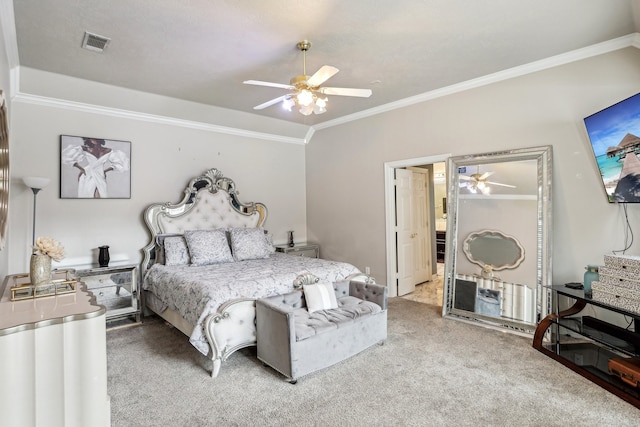 bedroom with ceiling fan, light colored carpet, lofted ceiling, and ornamental molding