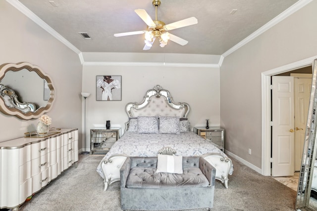 bedroom featuring ceiling fan, light colored carpet, and ornamental molding