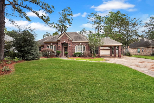 view of front of home with a carport, a garage, and a front lawn