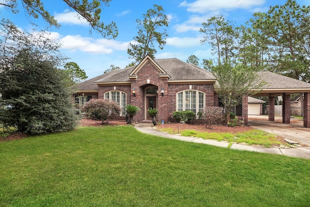 view of front of property with a front yard and a carport