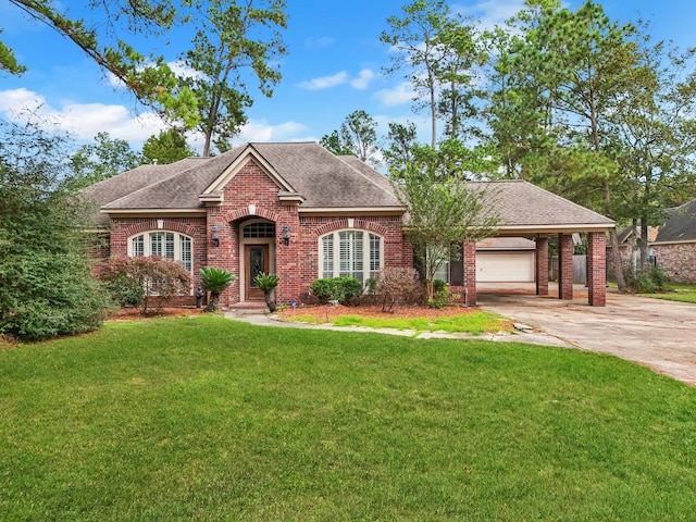 view of front of property featuring a front lawn and a carport