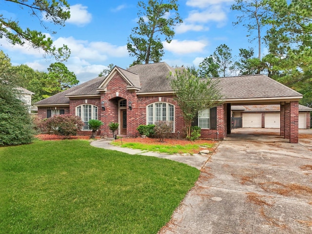 view of front of property featuring a front yard and a garage