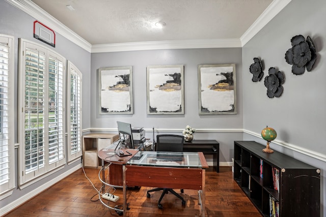 office with dark hardwood / wood-style floors, crown molding, and a wealth of natural light