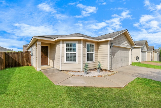 single story home with a garage and a front yard