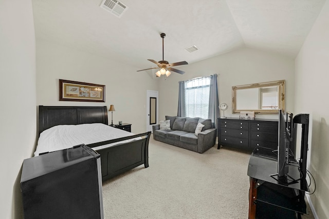 bedroom with ceiling fan, light carpet, and lofted ceiling