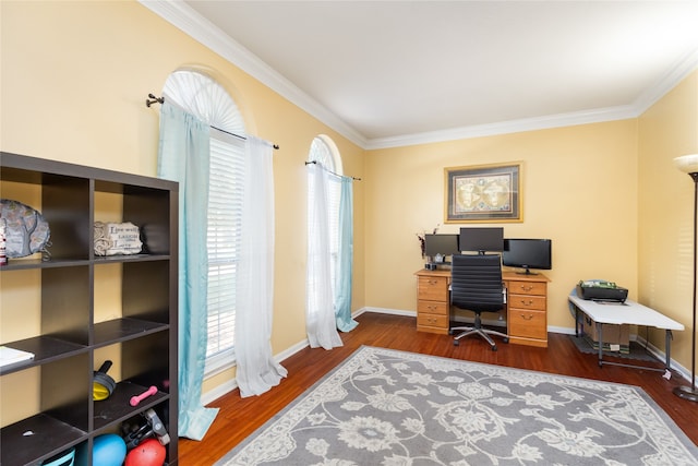 office with dark wood-type flooring and ornamental molding