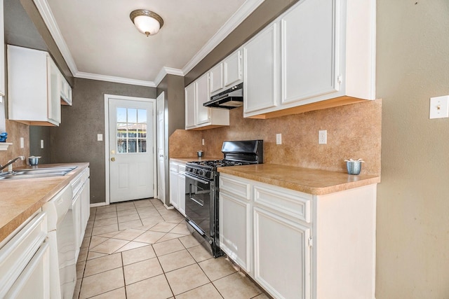 kitchen featuring tasteful backsplash, crown molding, black range with gas stovetop, sink, and white cabinets