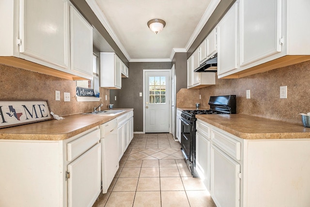 kitchen with light tile patterned flooring, crown molding, black gas range oven, white cabinets, and dishwasher