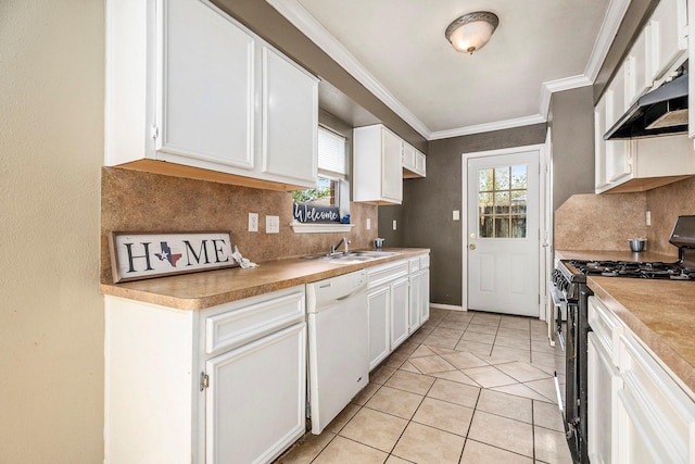 kitchen featuring gas stove, white cabinetry, white dishwasher, and plenty of natural light