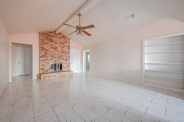 unfurnished living room featuring built in features, ceiling fan, vaulted ceiling with beams, and a fireplace