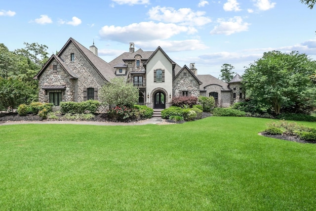 5015 Ossineke Ct, Spring, TX 77386 - french country style house featuring stone siding, a chimney, a front yard, and french doors
