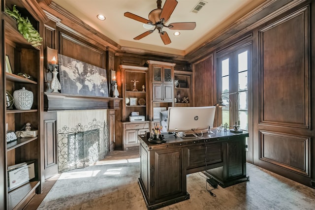 5015 Ossineke Ct, Spring, TX 77386 - home office with a ceiling fan, crown molding, a fireplace, built in features, and recessed lighting
