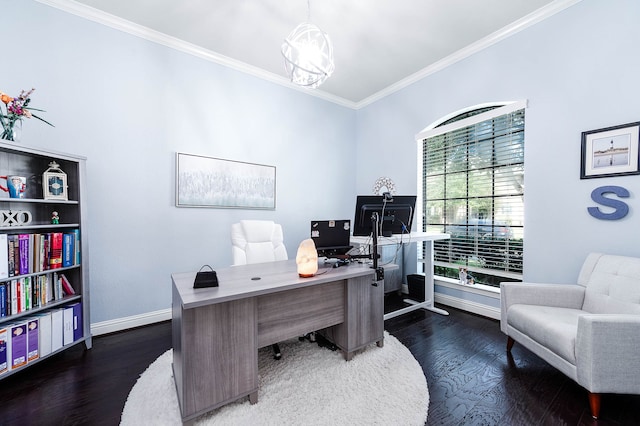 home office with an inviting chandelier, crown molding, and dark wood-type flooring