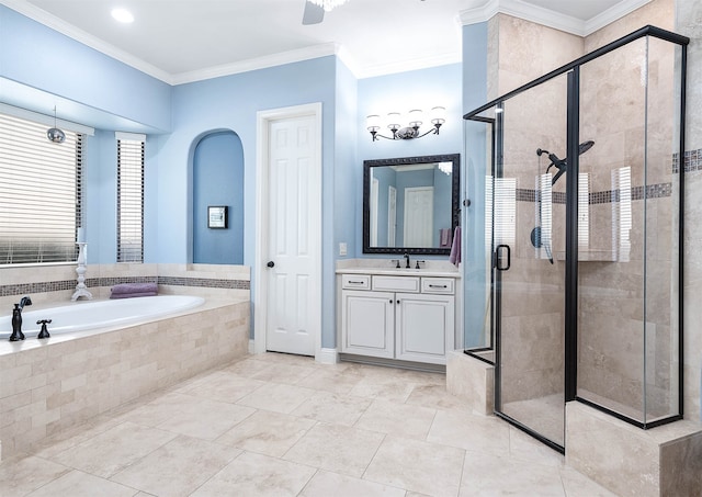 bathroom with tile patterned flooring, vanity, crown molding, and plus walk in shower